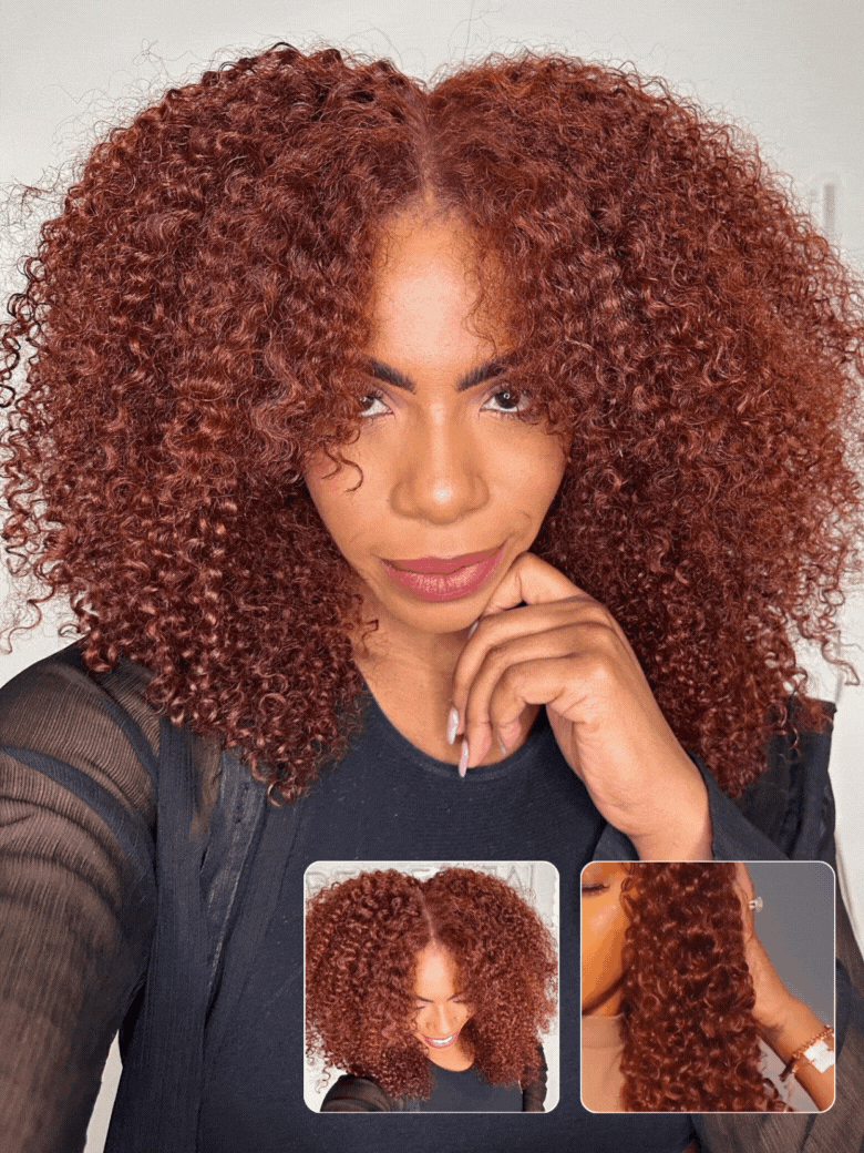 Klaiyi Reddish Brown Jerry Curly 7x5 Bye Bye Knots Human Hair Wig Put On and Go Glueless Lace Wig